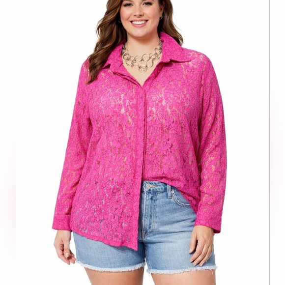 LIC Tops - LIC Curvy Collection Hot Pink Lace Button Front Blouse Shirt PLUS XXL Stretch
